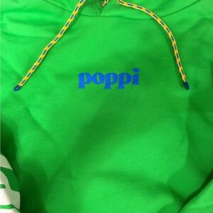 Poppi Bright Green Hoodie with Blue Logo and Yellow-Trim Drawstrings